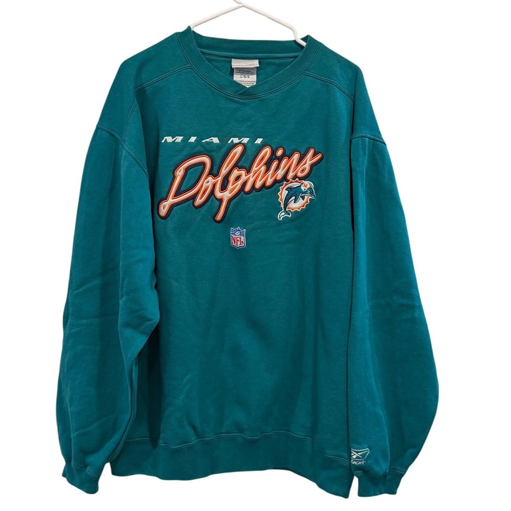 Vintage Mens Miami Dolphins Reebok Teal NFL Embroidered Crewneck Sweatshirt Sz L